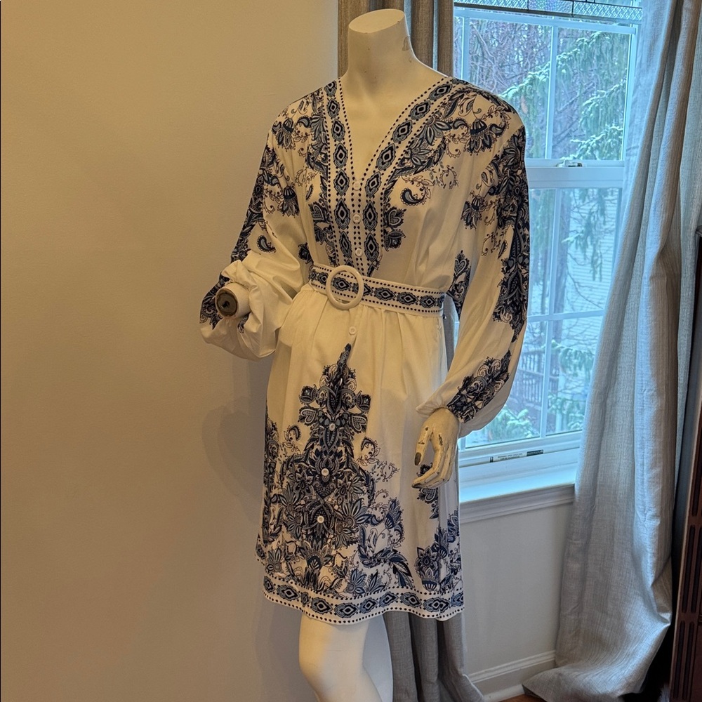 Elegant White and Blue Patterned Summer Dress